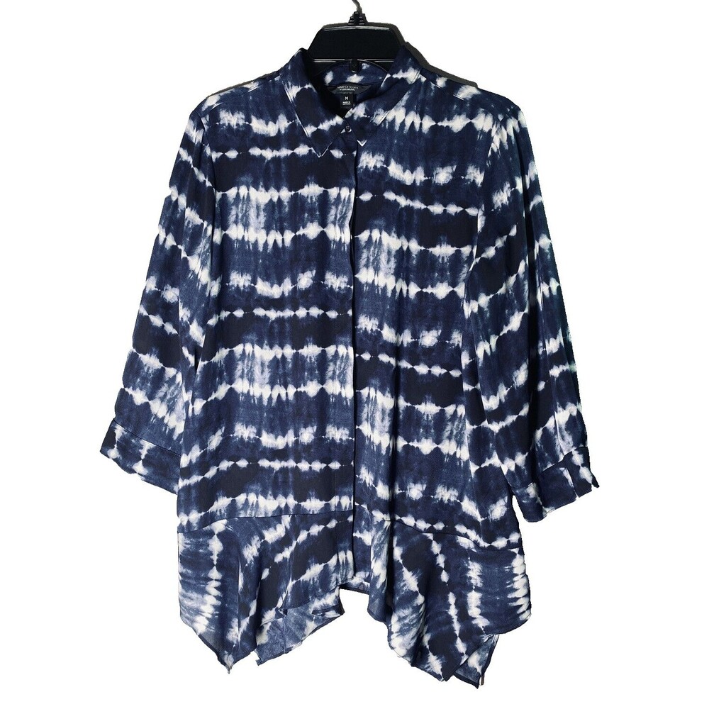 Simply Vera Vera Wang Tunic Womens M Navy White Tie Dye Asymmetrical Hem Blouse